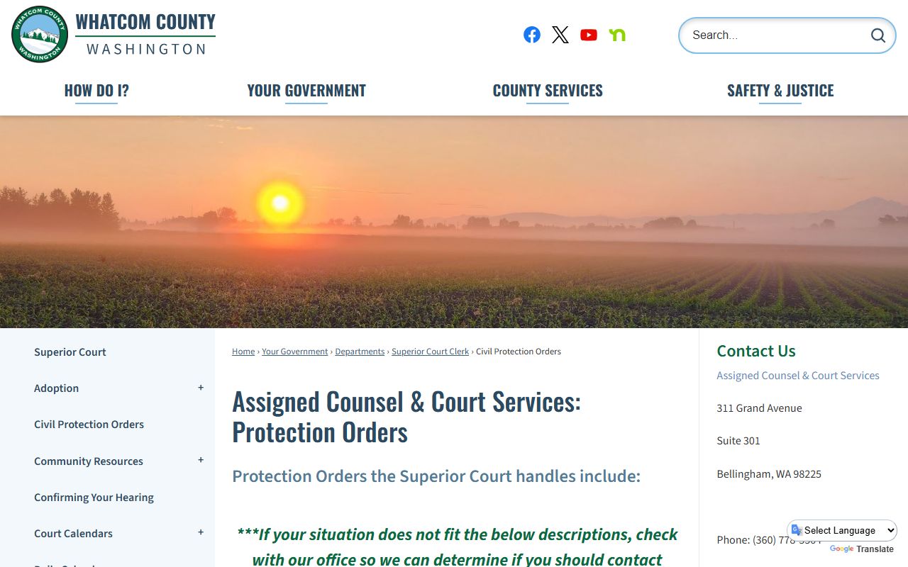 Bellingham Whatcom County Superior Court protection orders family court records