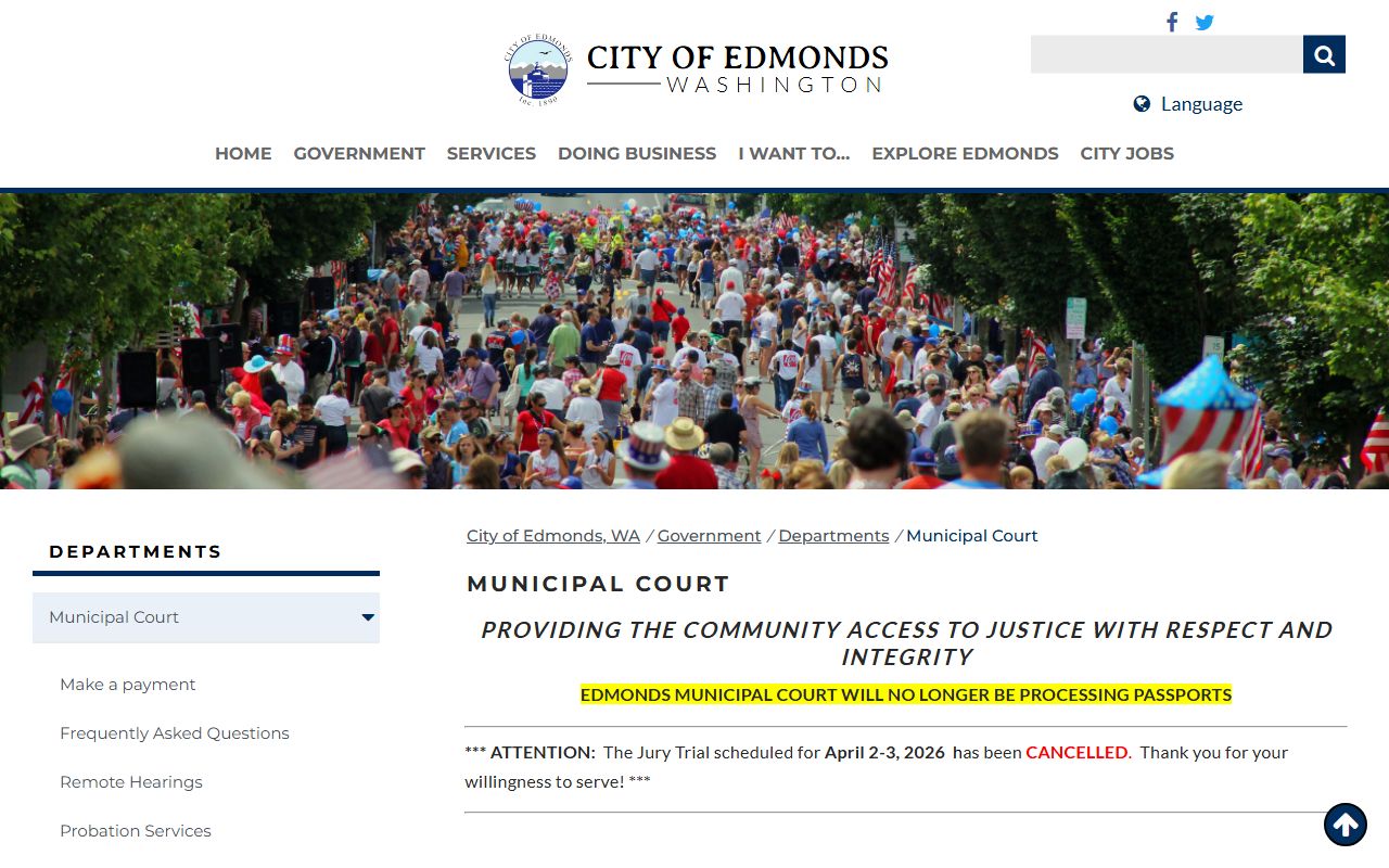 Official Edmonds Municipal Court page describing its limited jurisdiction over misdemeanors, traffic infractions, and city code violations