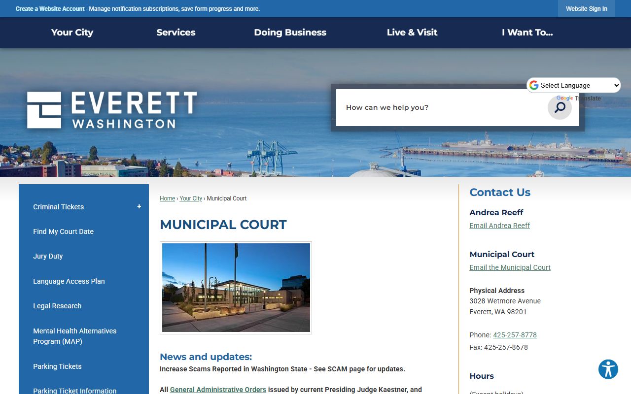 Official Everett Municipal Court homepage with links to payments, records, and traffic tickets