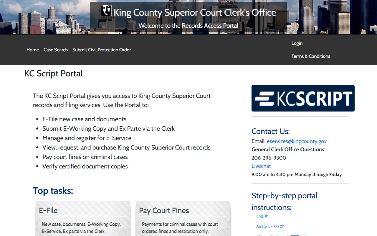 King County Superior Court KC Script Portal for Kirkland family court records