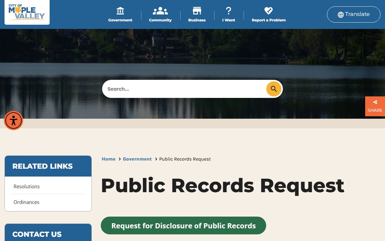 Maple Valley public records request page showing city contracts with Kent Municipal Court