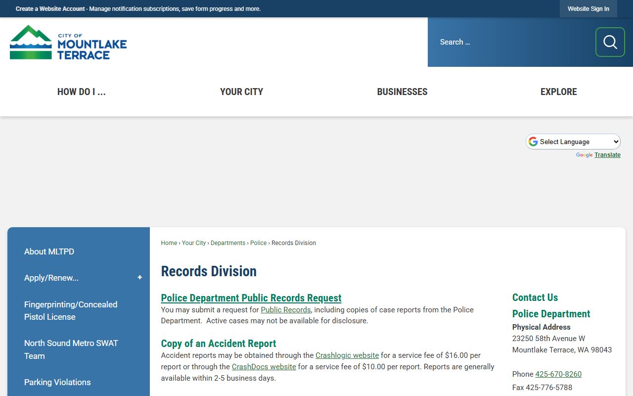 Mountlake Terrace Violations Bureau for traffic/parking infractions; criminal cases go to Snohomish County District Court South Division