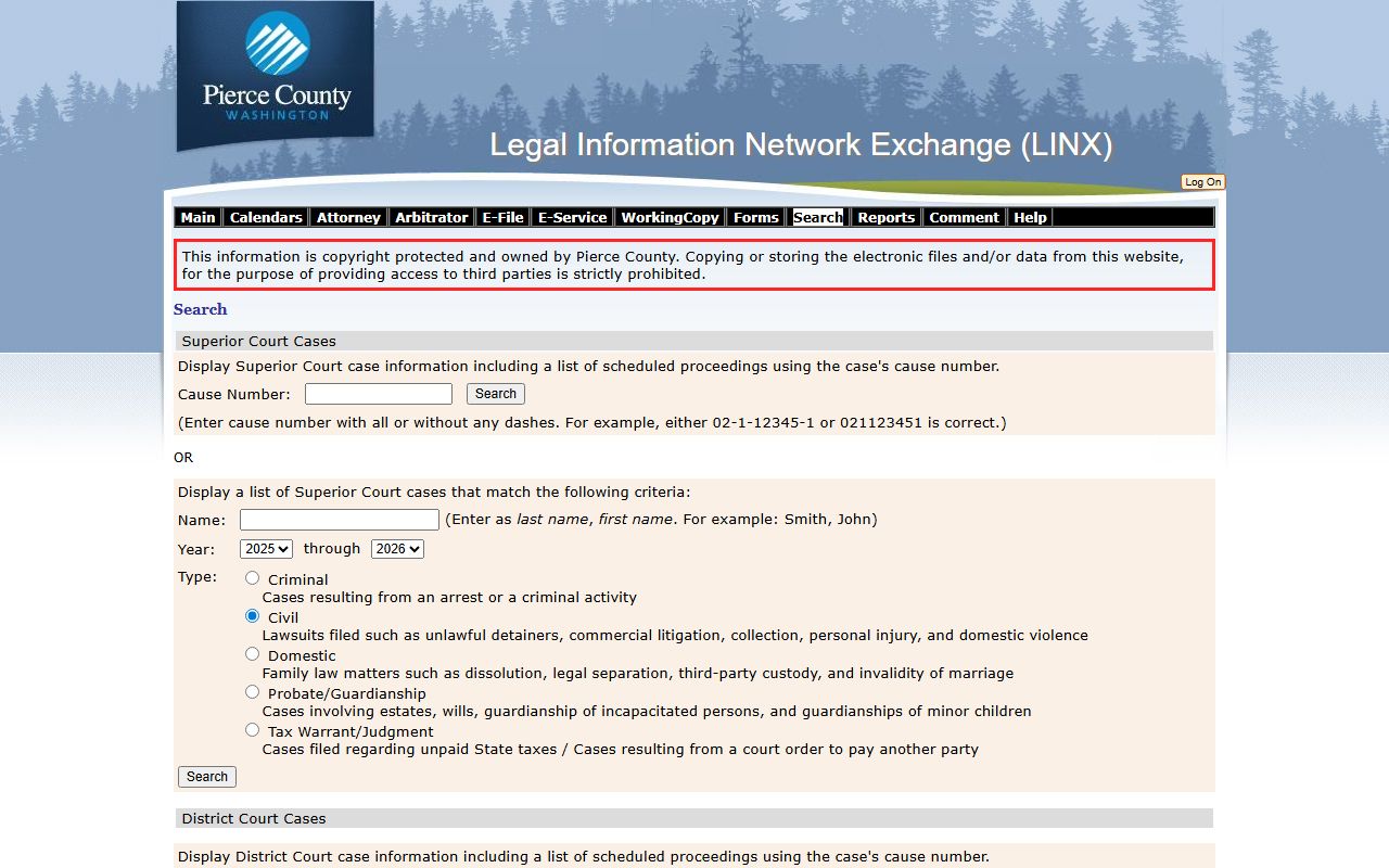 Parkland family court records LINX search form Pierce County Superior Court