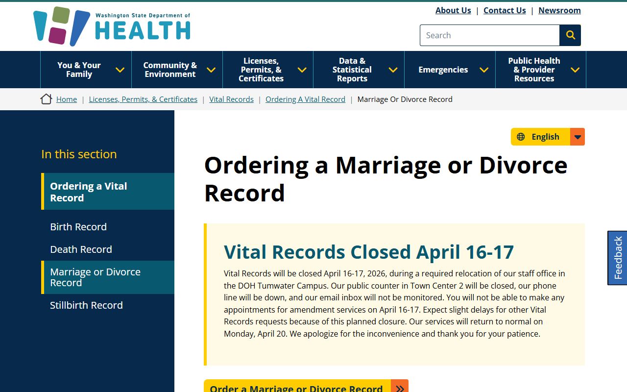 Washington State DOH vital records portal for SeaTac marriage and divorce records