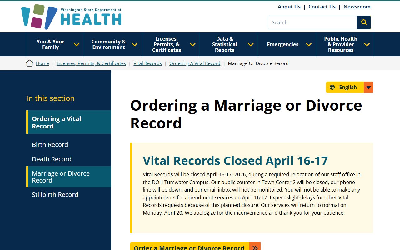 Washington DOH vital records portal for Walla Walla divorce records