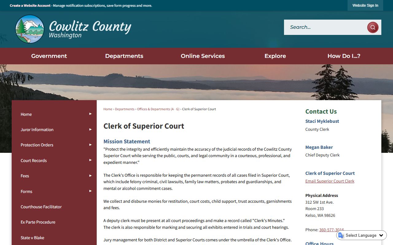 Cowlitz County Clerk of Superior Court page for family court records