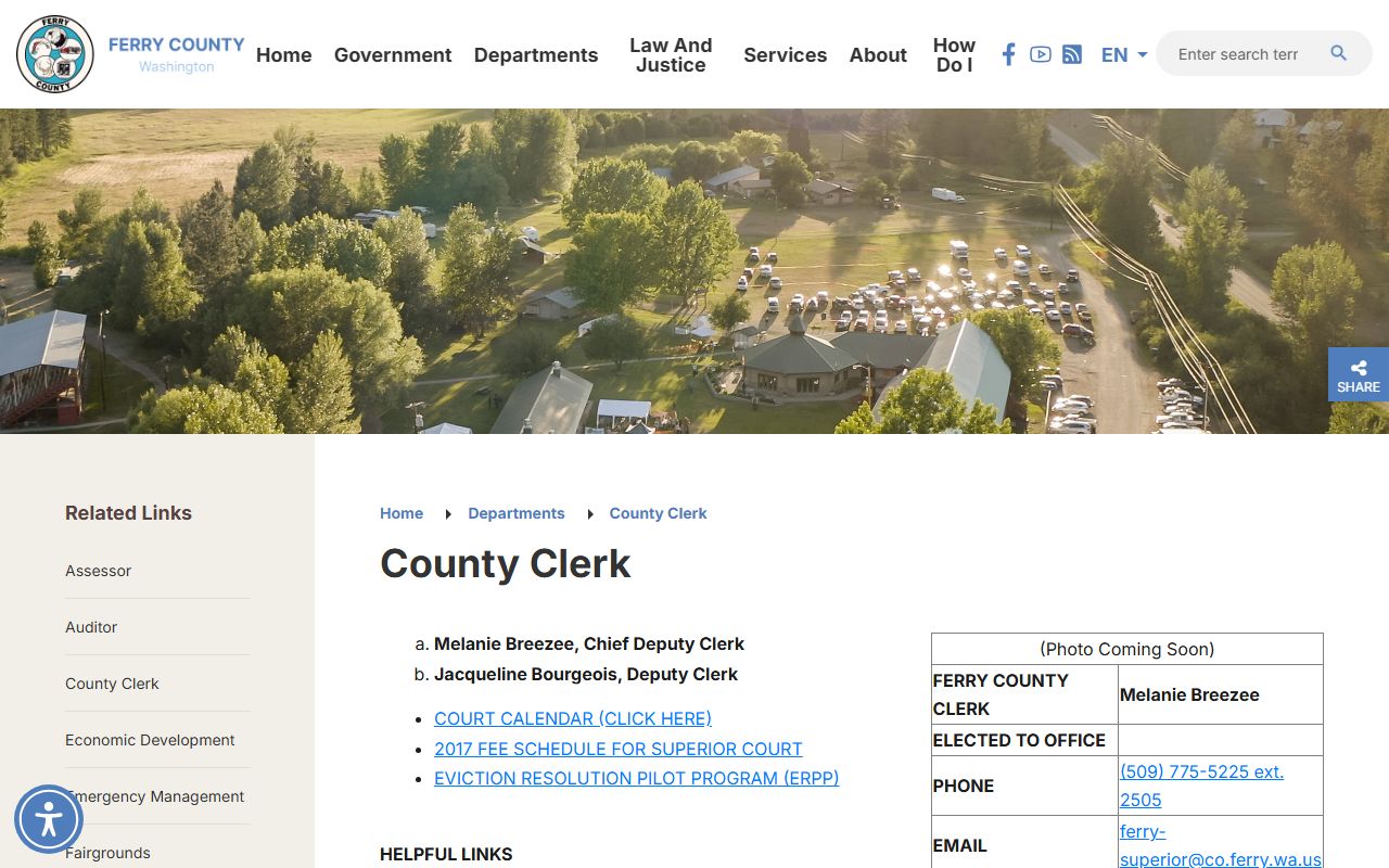 Ferry County Clerk departments page for family court records