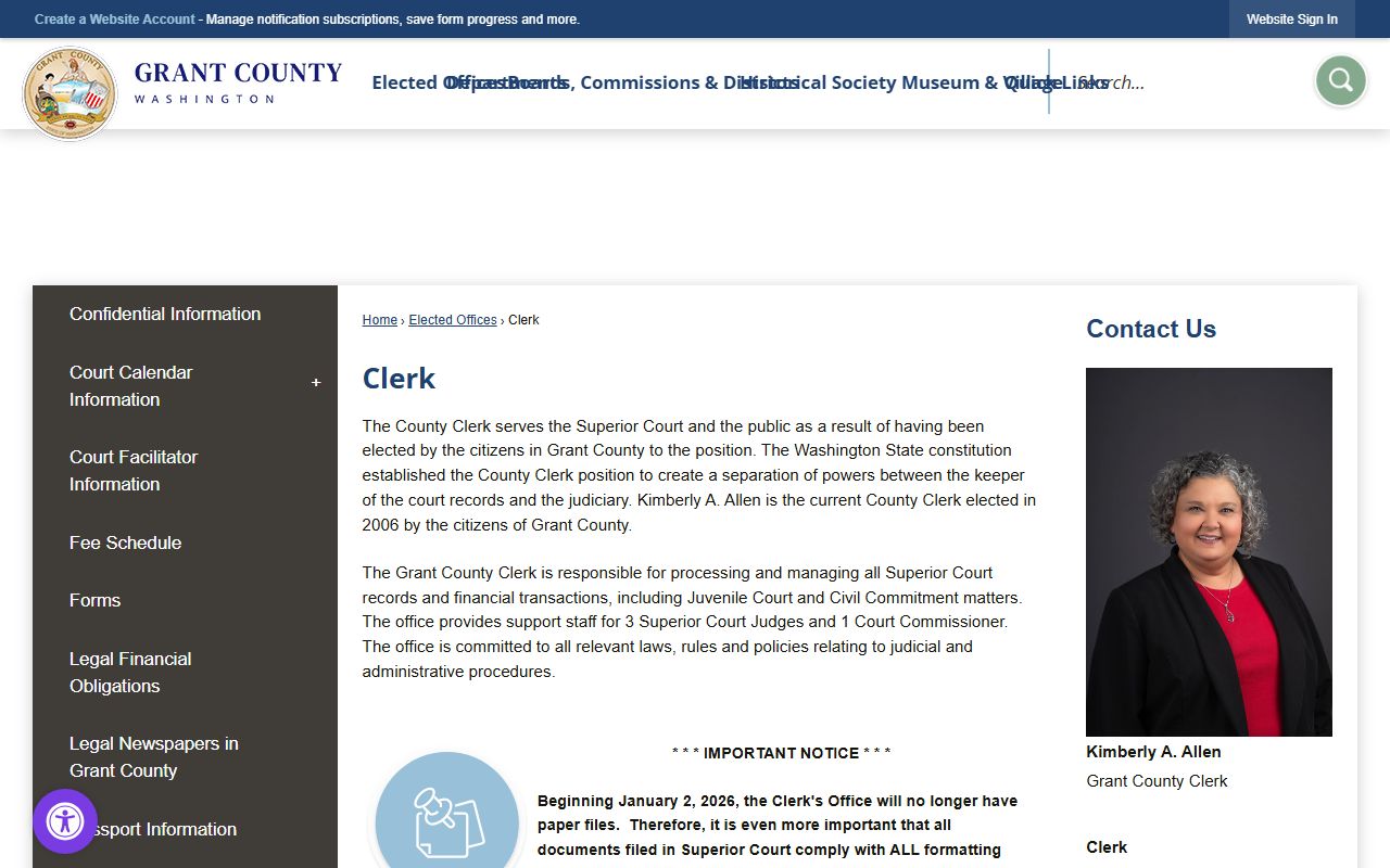 Grant County Superior Court Clerk page for family court records