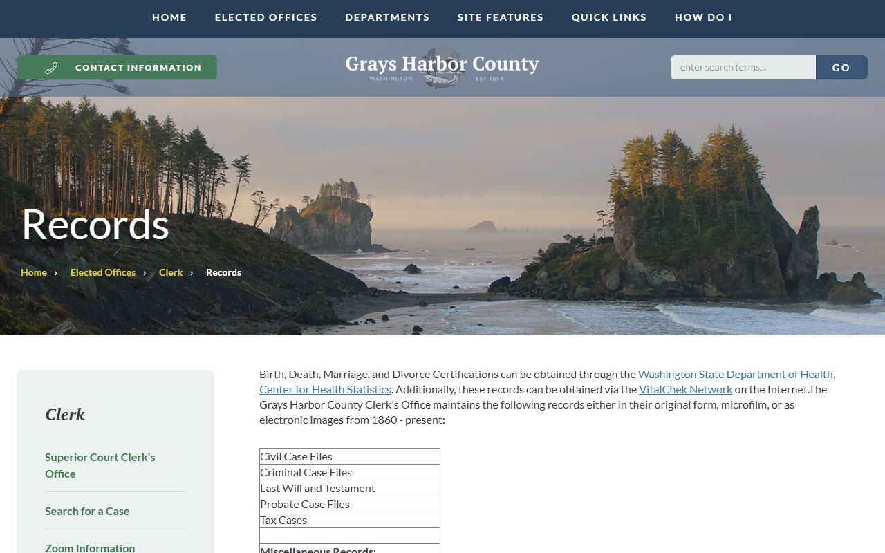 Grays Harbor County Clerk records page showing overview of court records maintained from 1860 to present