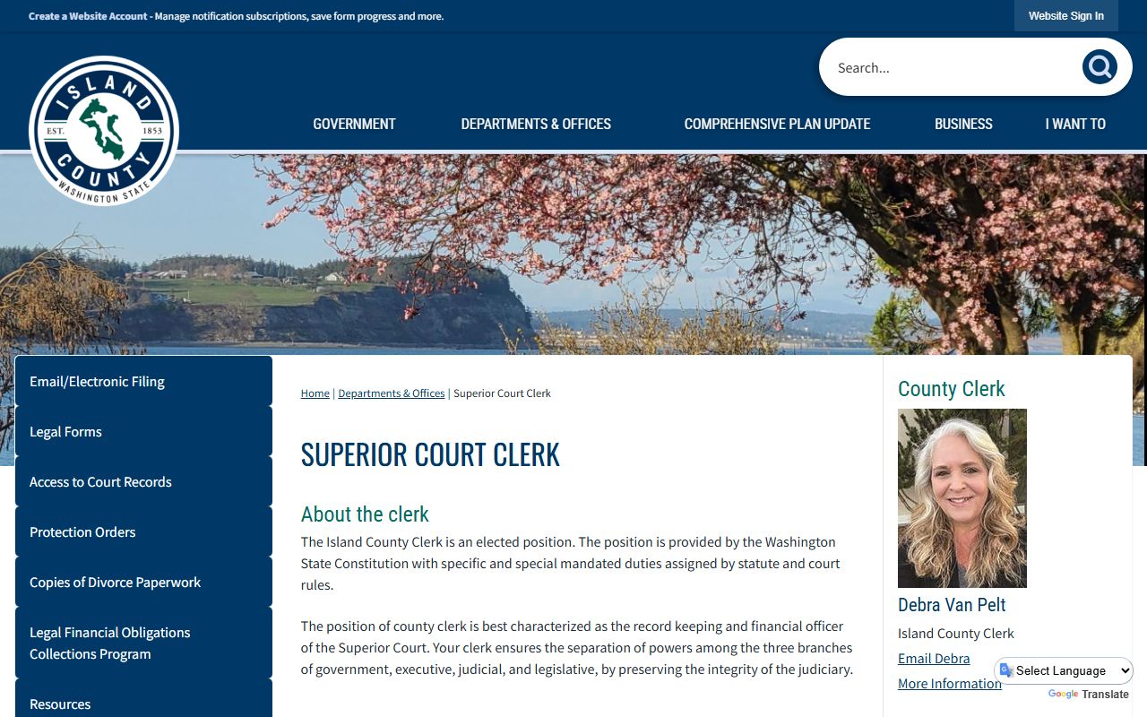 Island County Superior Court Clerk official webpage showing court filing information and office operations