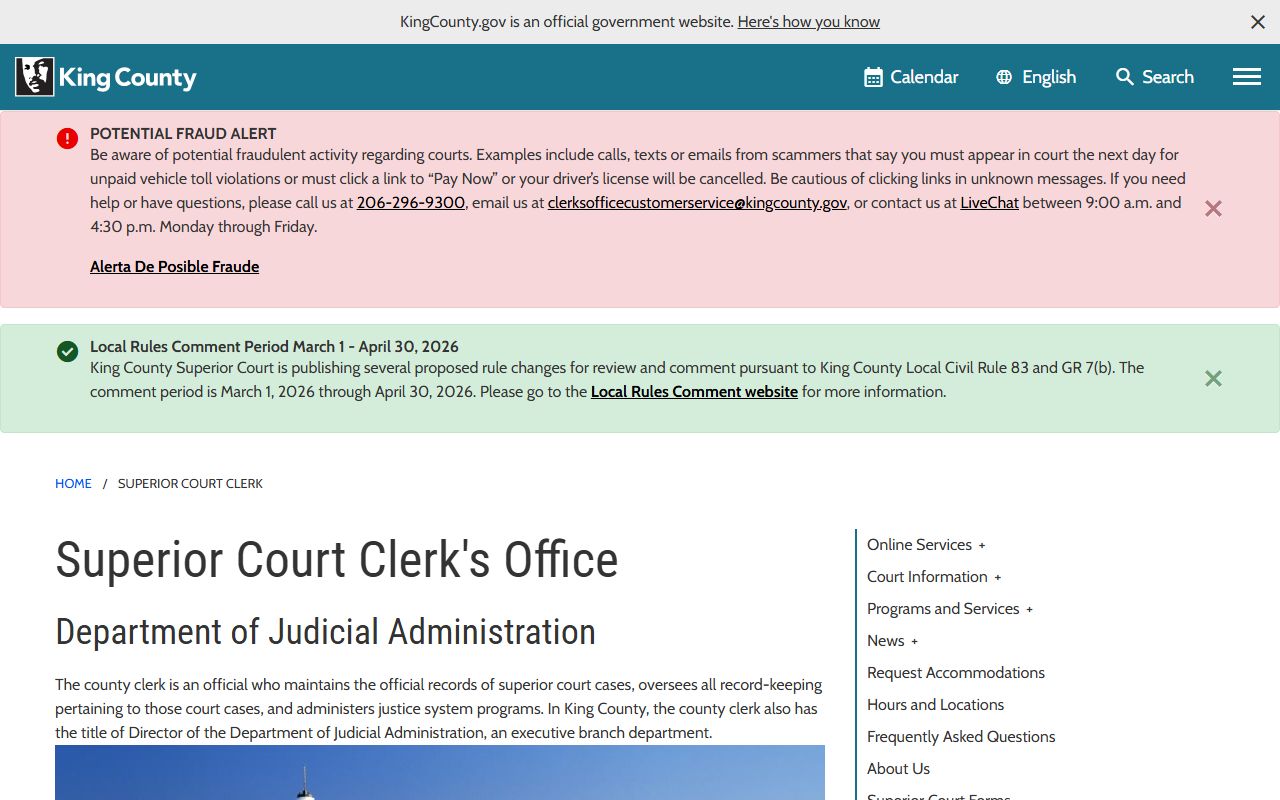 King County Superior Court Clerk official website showing records access, online services, and Department of Judicial Administration information