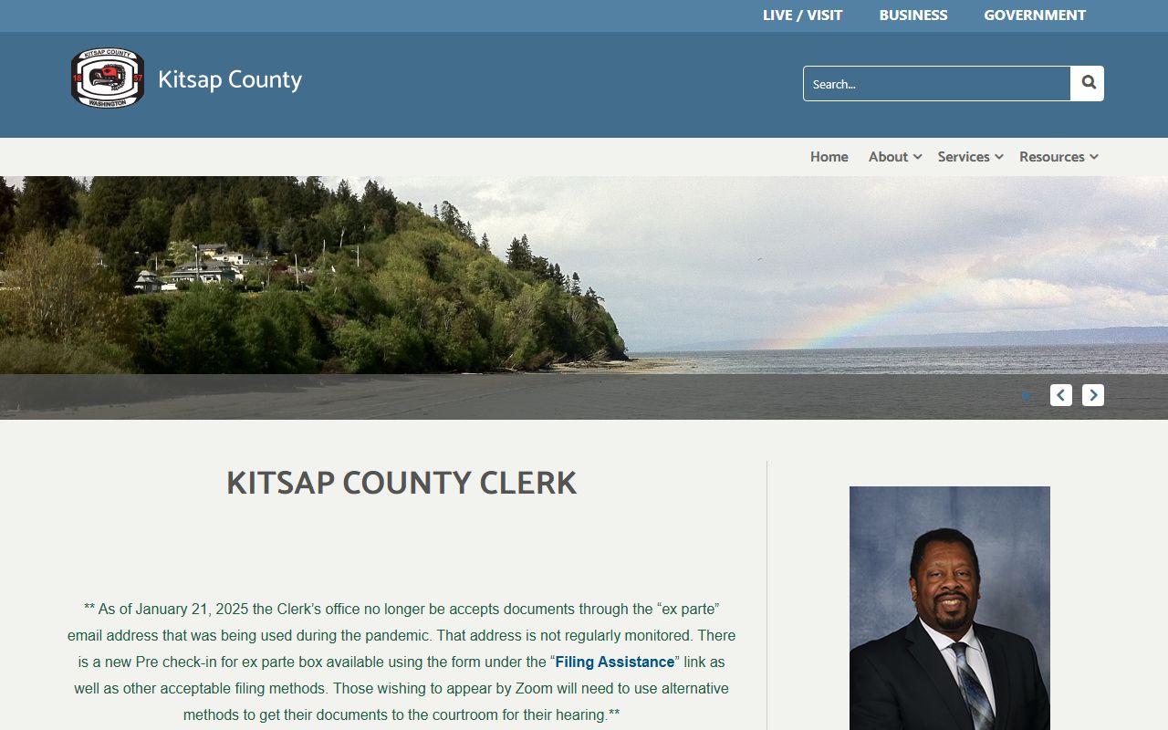 Kitsap County Clerk official homepage showing court services, records access, and office information