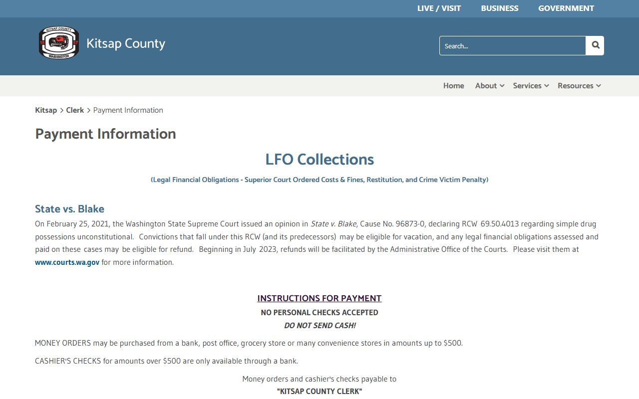 Kitsap County Clerk payment information page showing accepted payment methods and mailing address