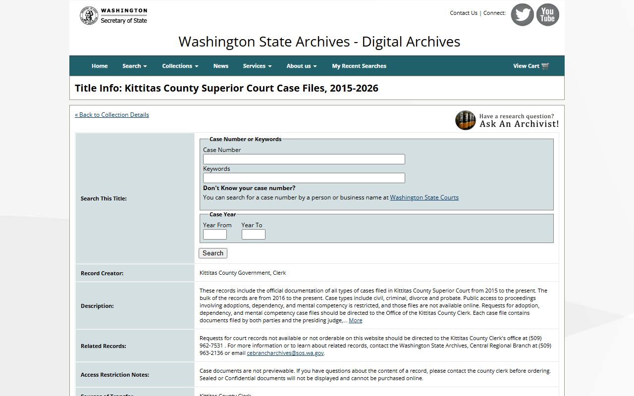 Washington State Digital Archives title info page for Kittitas County Superior Court case files collection