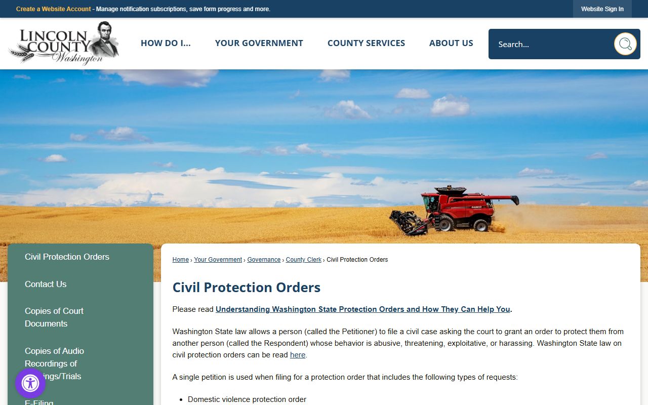 Lincoln County Civil Protection Orders page with fees and filing procedures