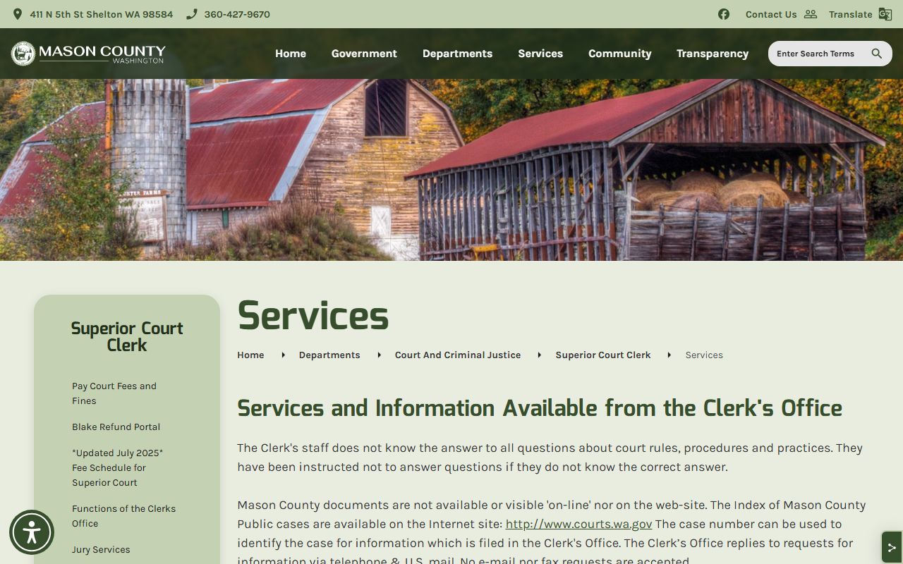 Mason County Superior Court Clerk services page for family court records access
