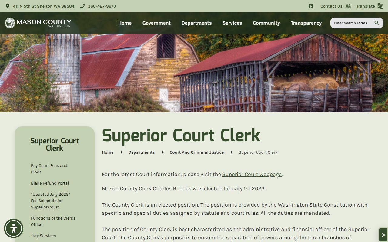 Mason County Superior Court Clerk homepage for family court records