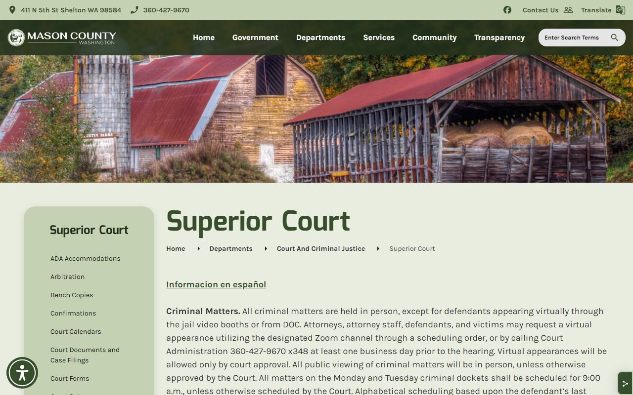 Mason County Superior Court page with hearing procedures and family court records access