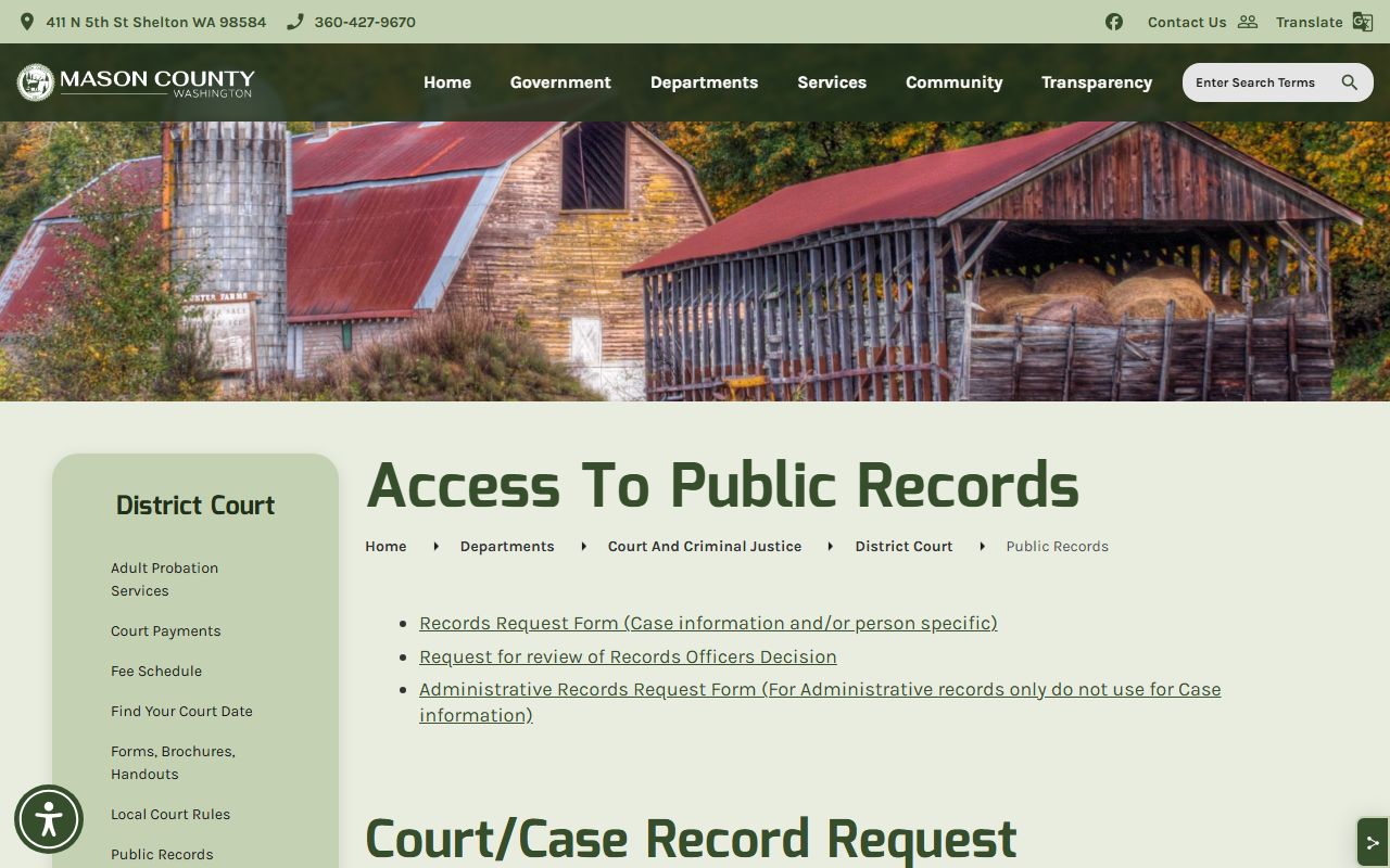 Mason County District Court public records page with fees and request process