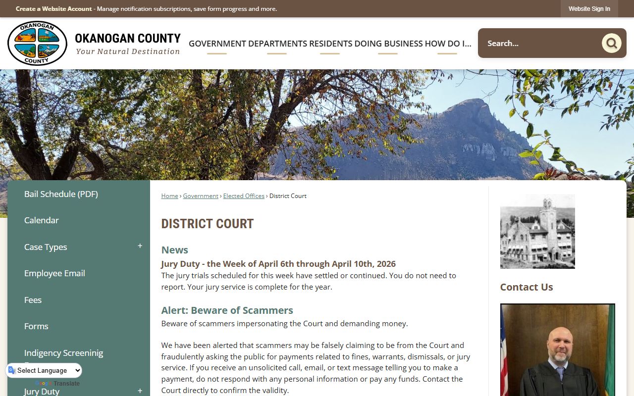 Okanogan County District Court page with case types and contact information