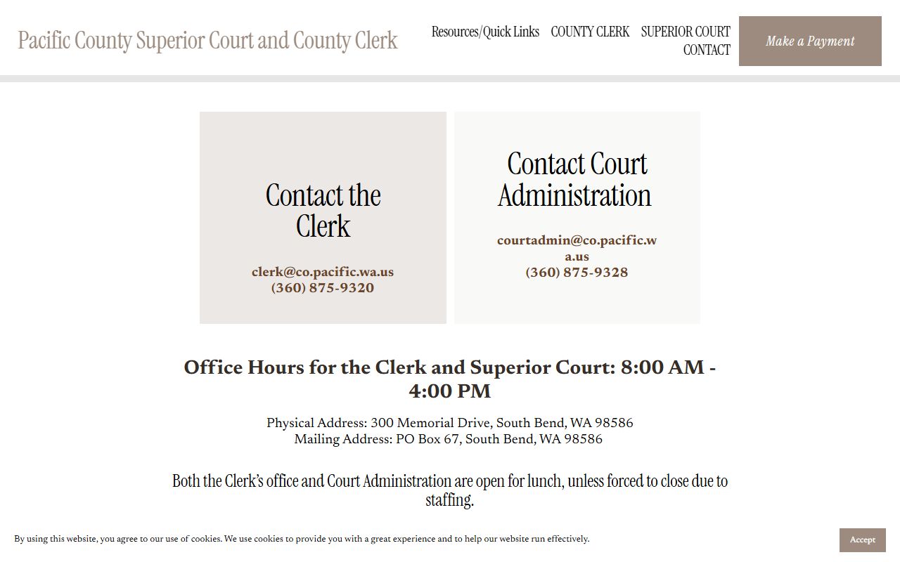 Pacific County Superior Court contact page for family court records