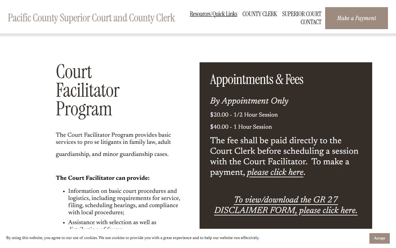 Pacific County Court Facilitator Program page for family law self-help