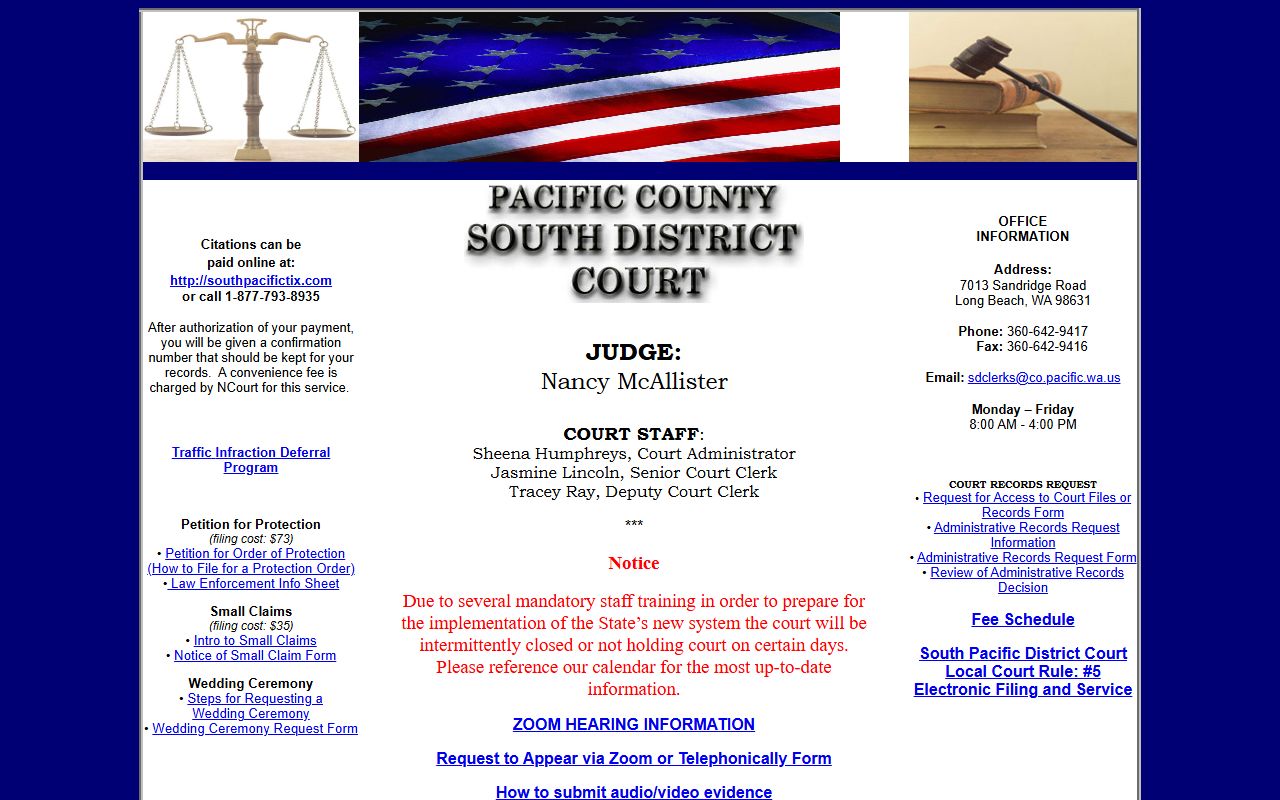 Pacific County South District Court page with payment and forms information