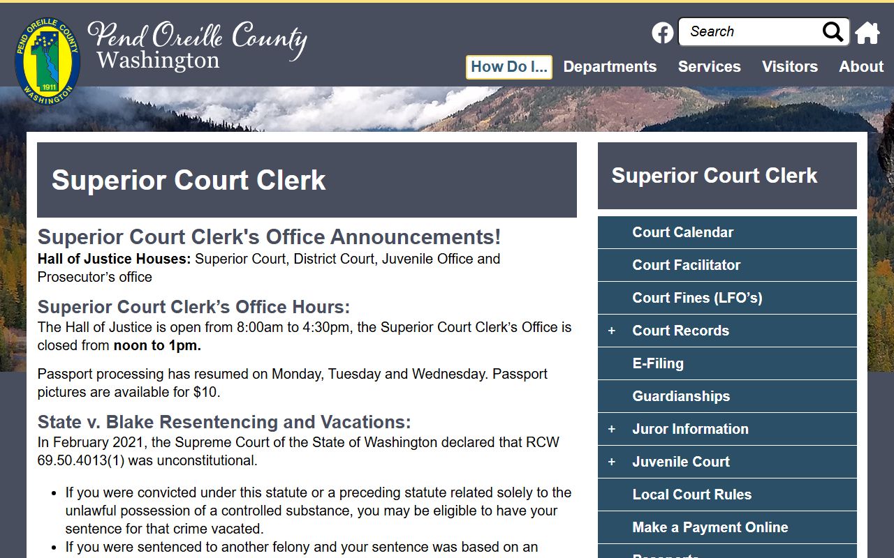 Official Pend Oreille County Clerk website with office hours, remote hearing information, and clerk mission statement