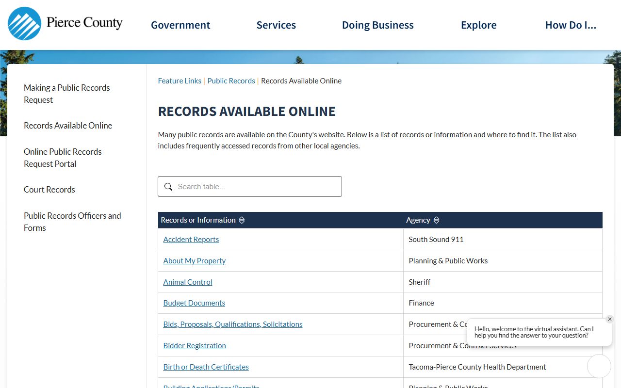 Pierce County records available online page