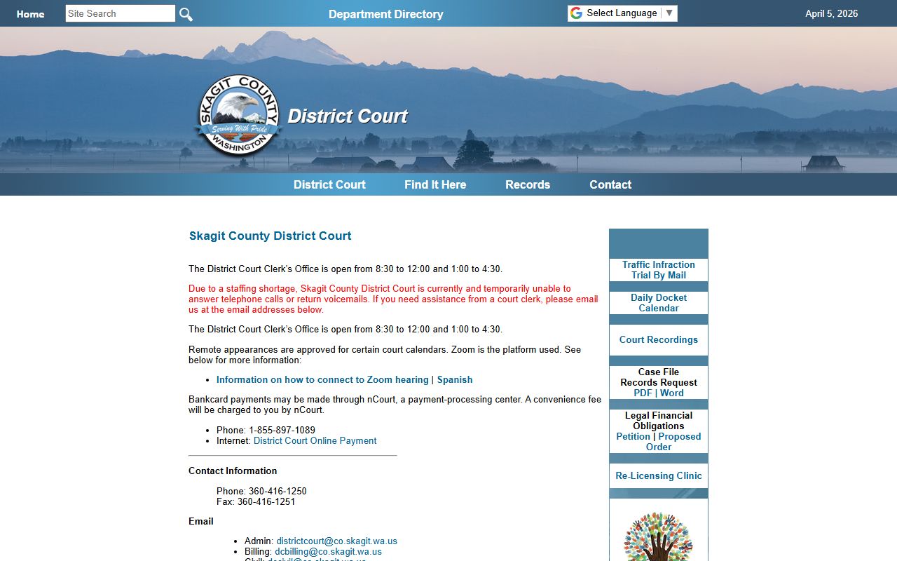 Skagit County District Court page separate from family court records