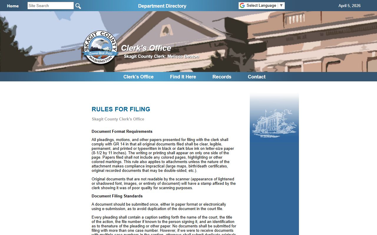 Skagit County Clerk rules for filing family court records