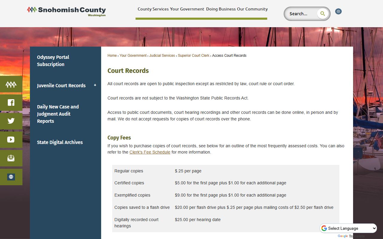 Snohomish County Clerk's Office access to court records page