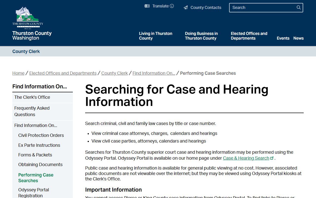 Thurston County Superior Court case and hearing search via Odyssey Portal