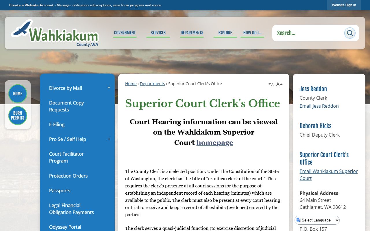 Official Wahkiakum County Superior Court Clerk website with duties, hours, and contact information