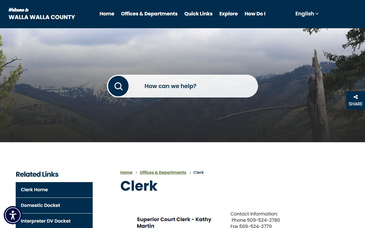 Official Walla Walla County Clerk website showing services, contact information, and records request procedures