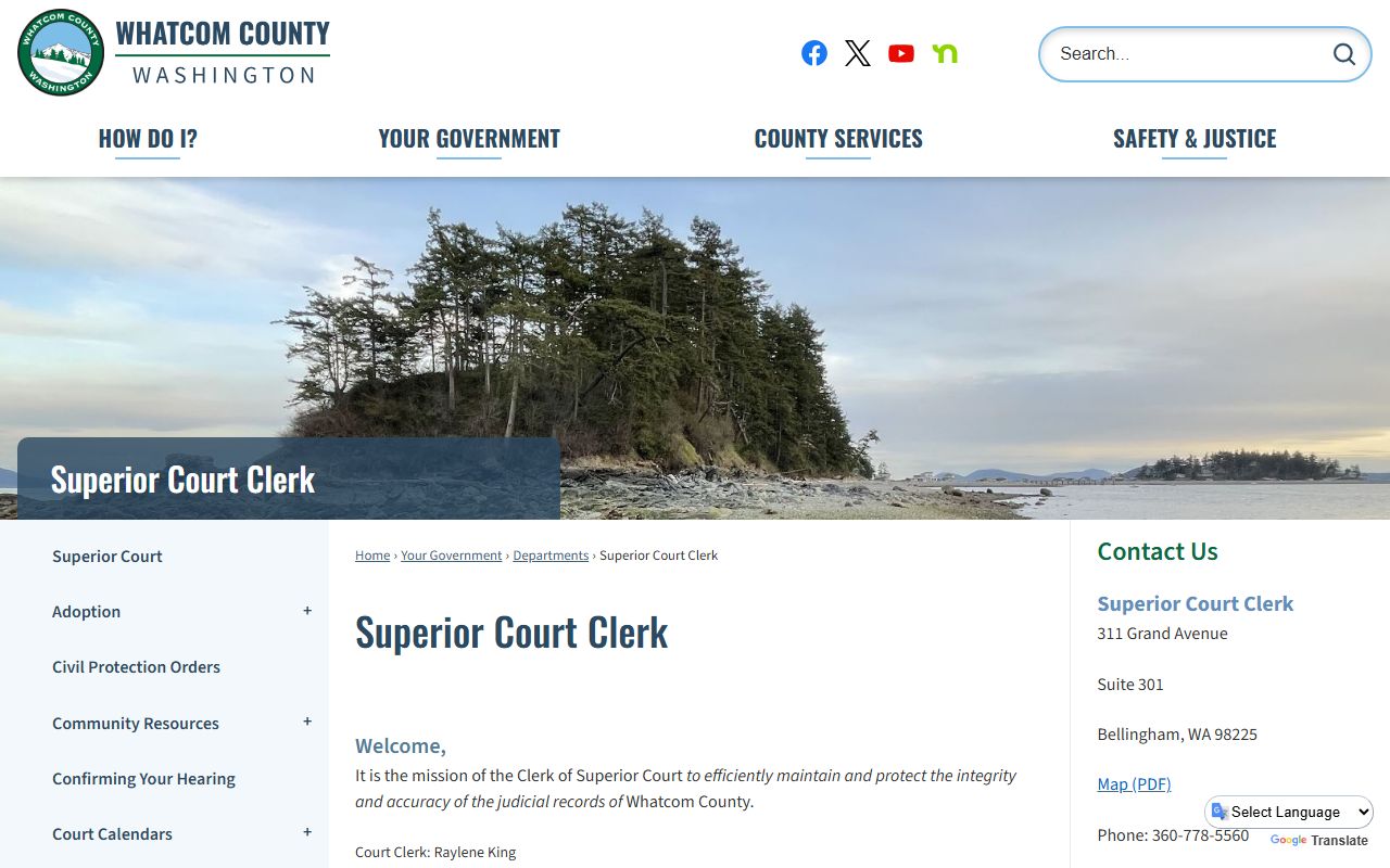 Official Whatcom County Superior Court Clerk website showing functions, services, and contact information