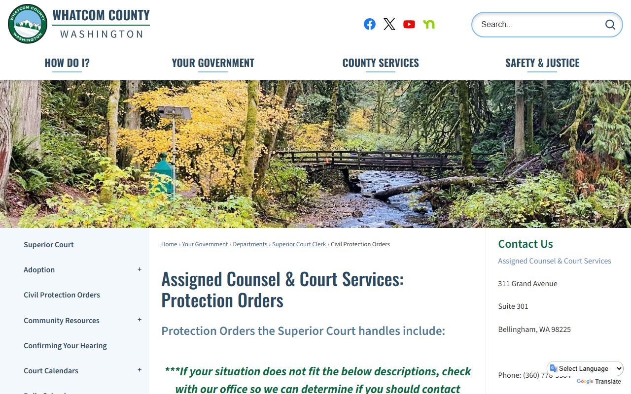 Whatcom County Superior Court protection orders page covering domestic violence, anti-harassment, and vulnerable adult orders
