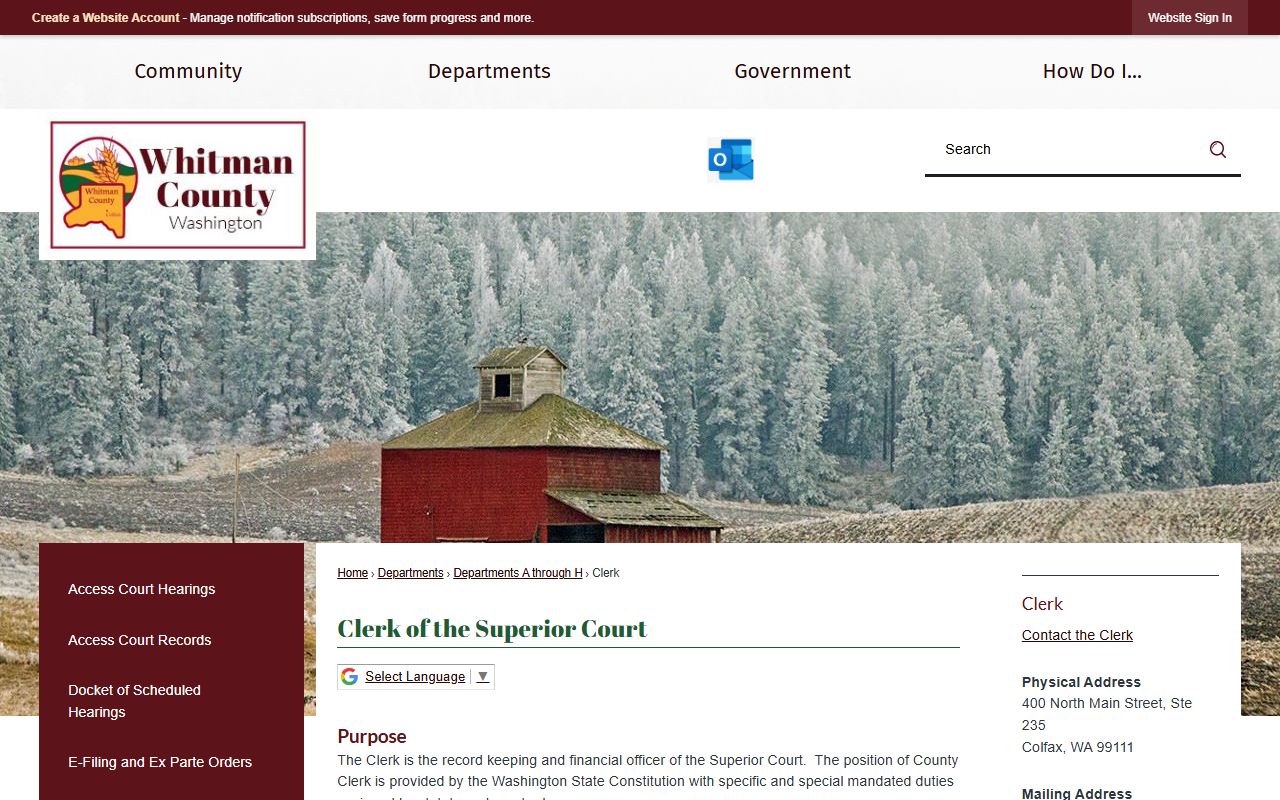 Official Whitman County Clerk website showing purpose, records access, and available forms