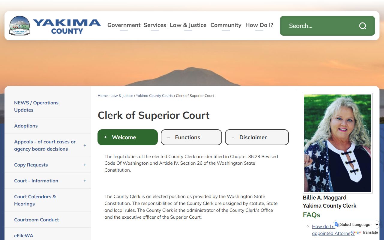 Official Yakima County Clerk of Superior Court website showing duties, services, and record access information