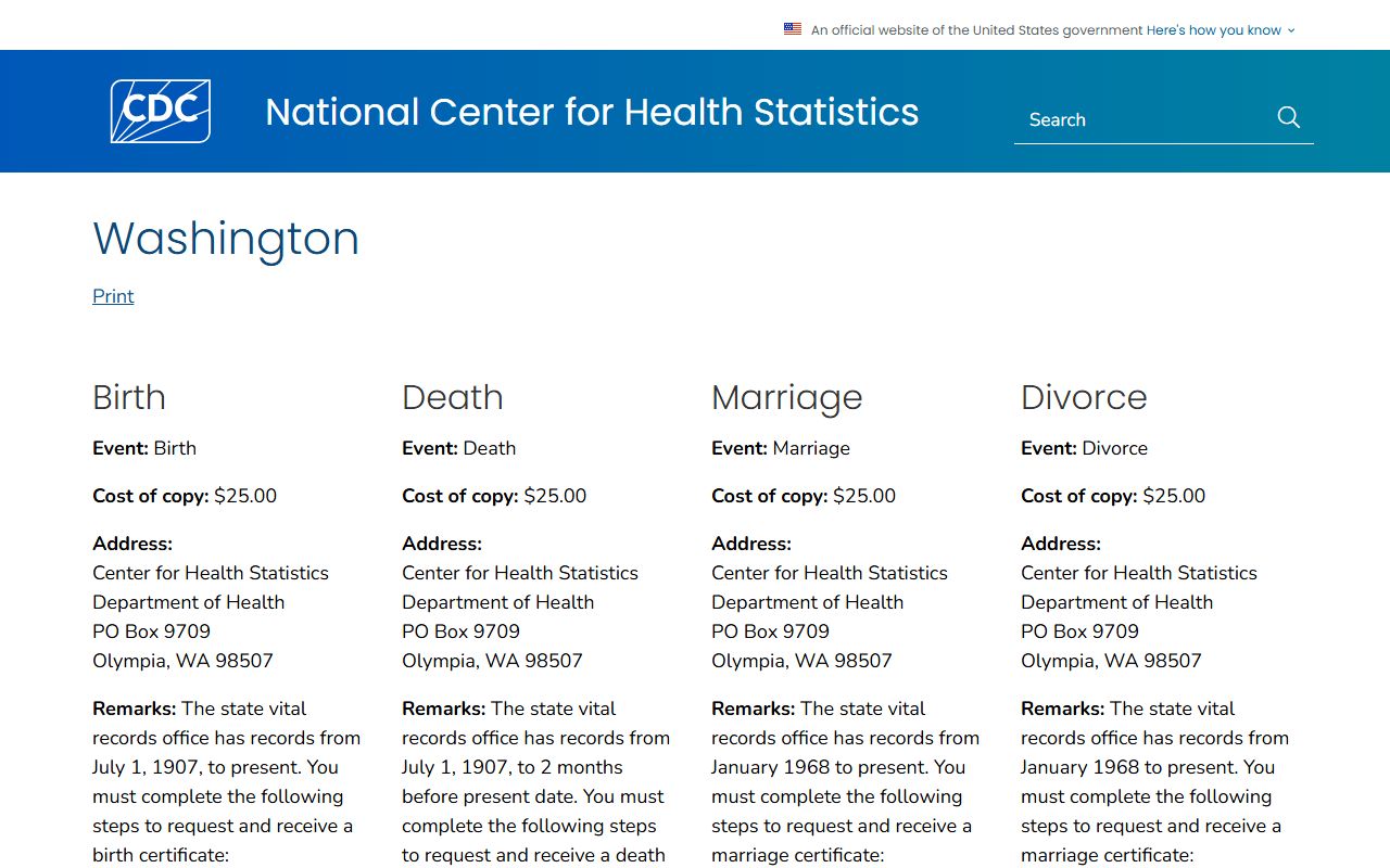 Federal CDC guidance on obtaining Washington marriage and divorce records