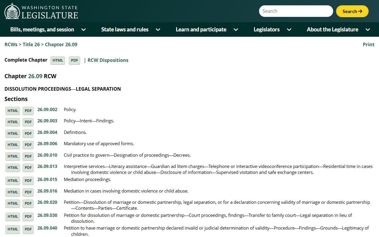 Washington governing statutes for dissolution of marriage and family court