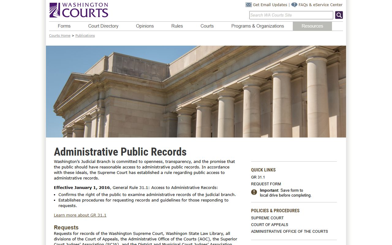 Washington official page explaining public access to administrative court records under GR 31.1