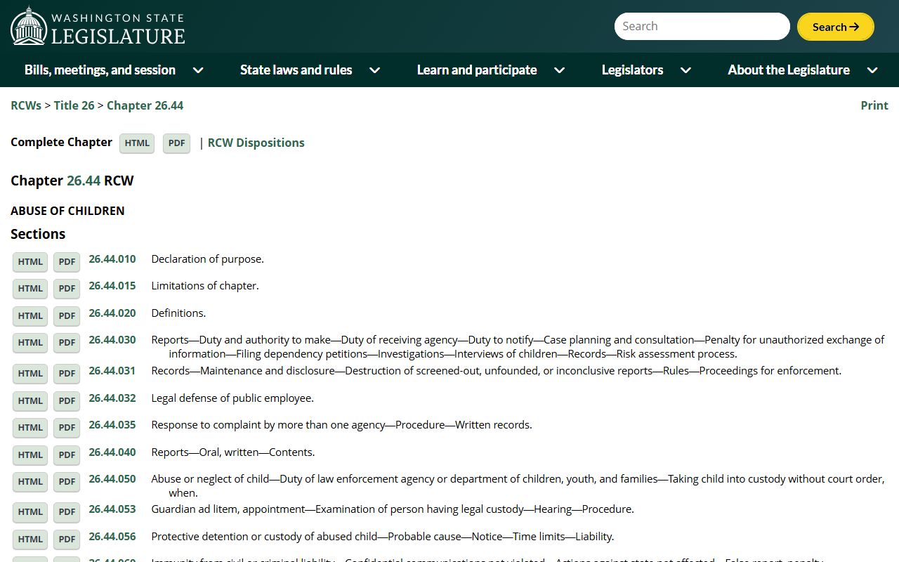 Washington statutes governing child abuse reporting and investigation in family court