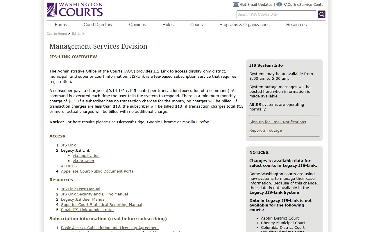 Washington subscription-based JIS-Link access to display-only court records